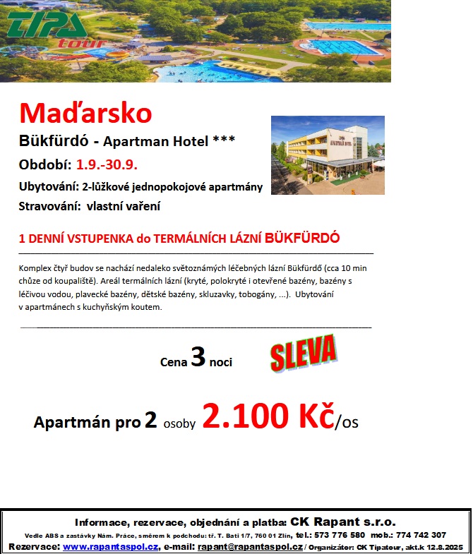 MAĎARSKO - BÜKFÜRDÖ - APARTMAN HOTEL - 1.9.-30.9.2025